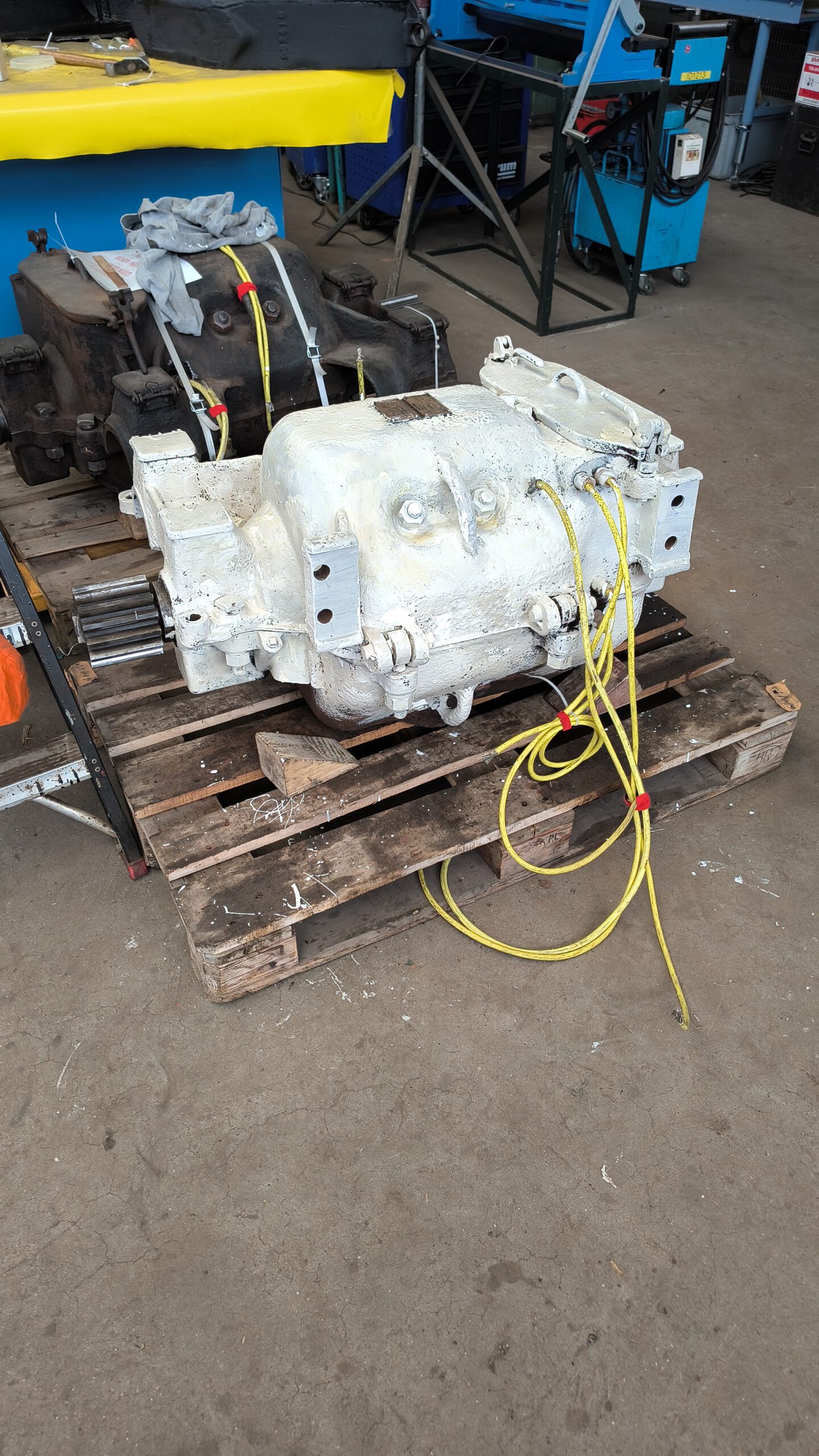 White overhauled motor of motor car 72 on a pallet