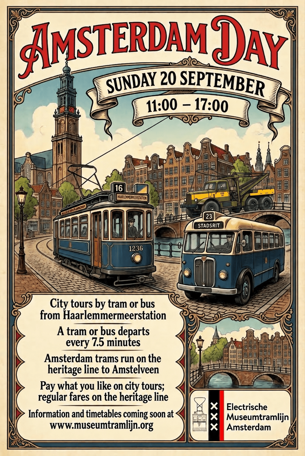 Amsterdam Day poster: vintage tram and bus tours on Sunday 20 September, 11:00–17:00, from Haarlemmermeerstation.