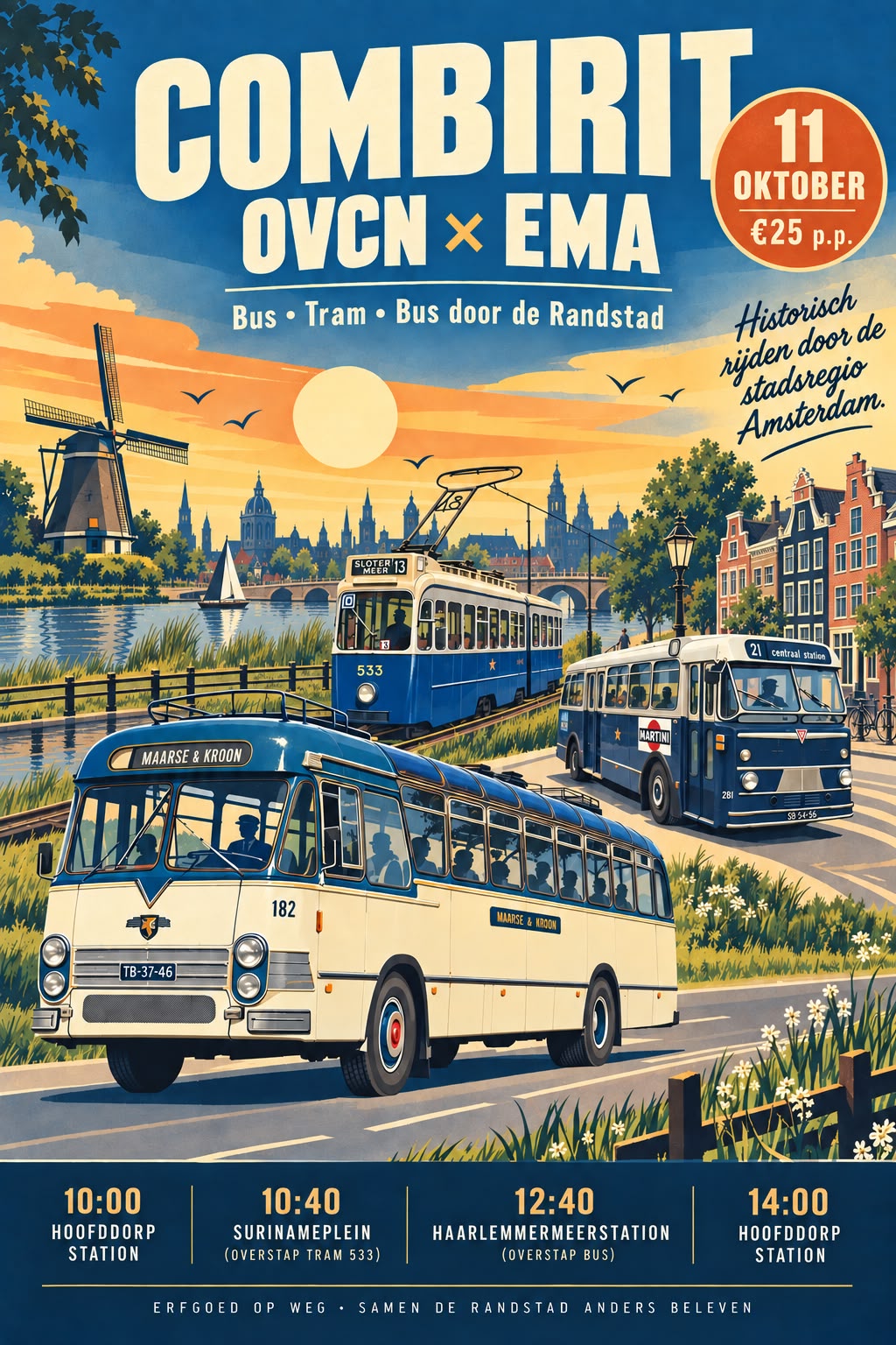 Affiche CombiRit OVCN × EMA op 11 oktober, historische bus- en tramrit door de Randstad